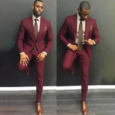 Fashion Men's Business Formal Suit Solid Color Slim Wedding Suits for Men 2Pcs Set Tuxedo Banquet (Blazer+Pants) Wine red